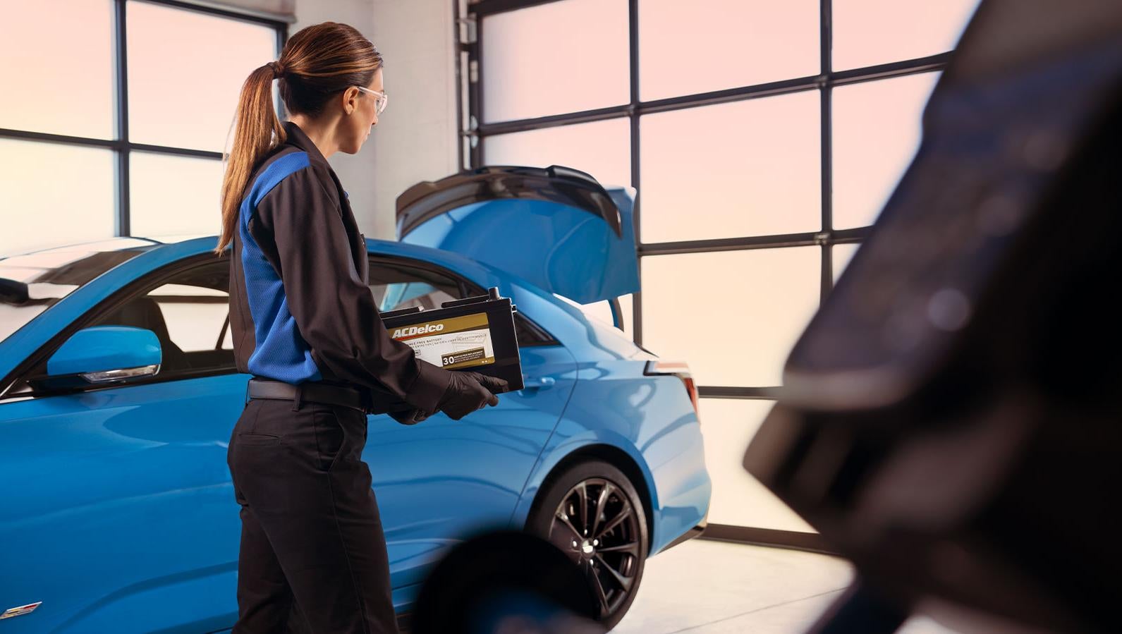 image of a woman carrying a car battery